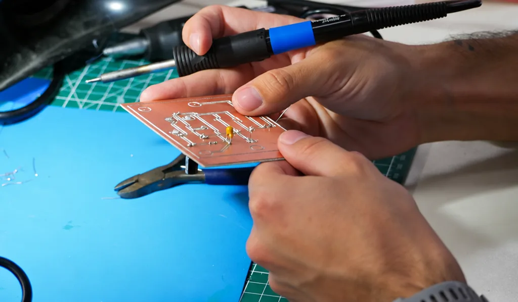 Hands holding a freshly etched PCB under a soldering iron, a component's legs poking through its pads.